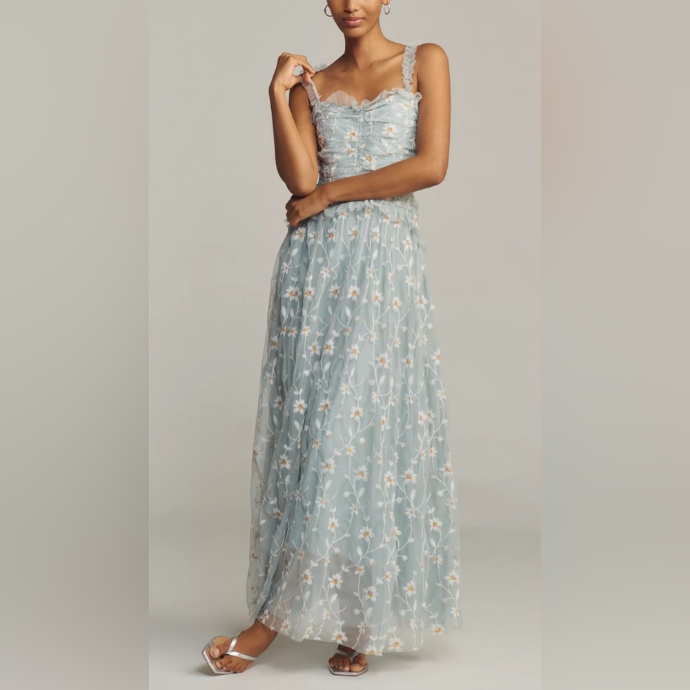Anthropologie Blue Tulle Maxi Dress NWT Floral Embroidered Ruched M - Picture 1 of 10